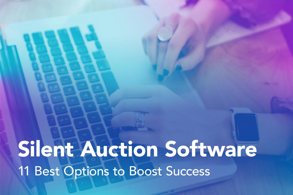 The article's title, 'Silent Auction Software: Best Options to Boost Success,' overlaid atop a person with a keyboard looking at printed data sheets.