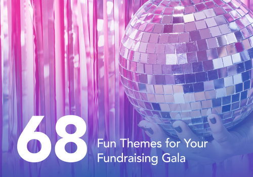 Person holding a large disco ball in front of shiny pink and purple streamers, with text reading '68 Fun Themes for Your Fundraising Gala'