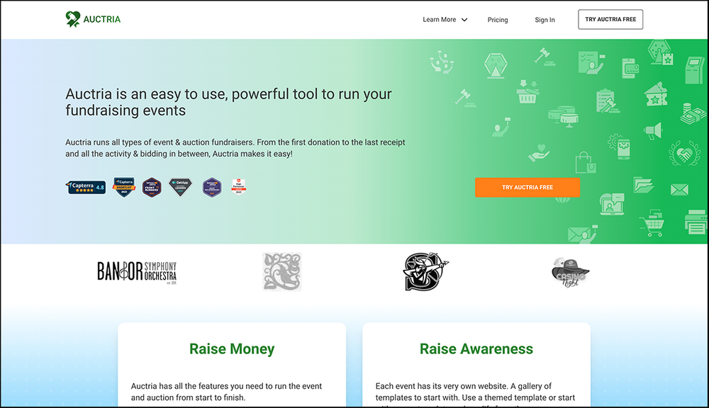 A screenshot of Auctria's online auction software homepage.