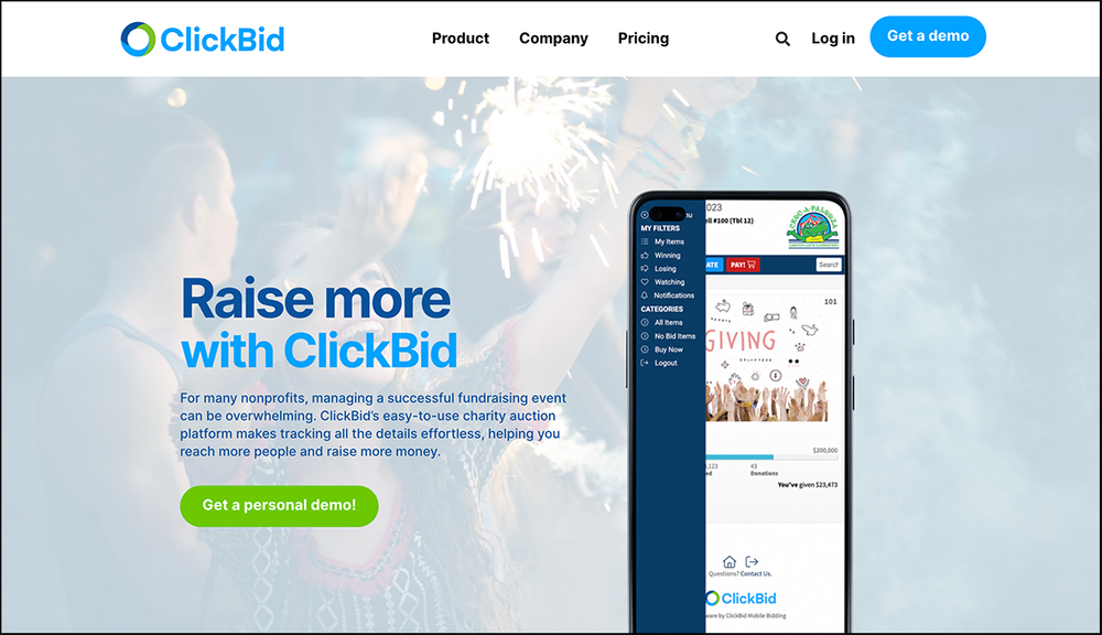 A screenshot of ClickBid's homepage.