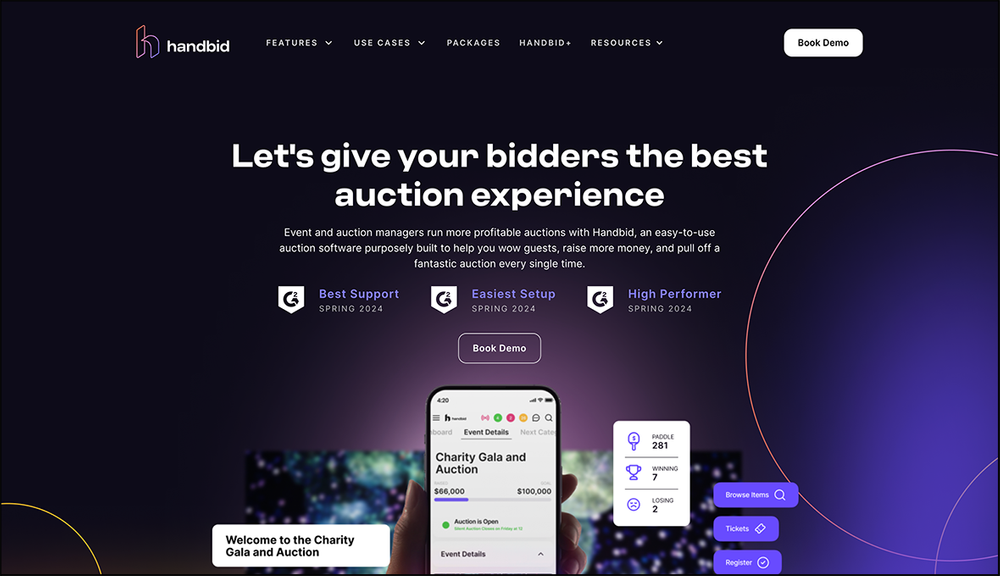 A screenshot of Handbid's homepage.