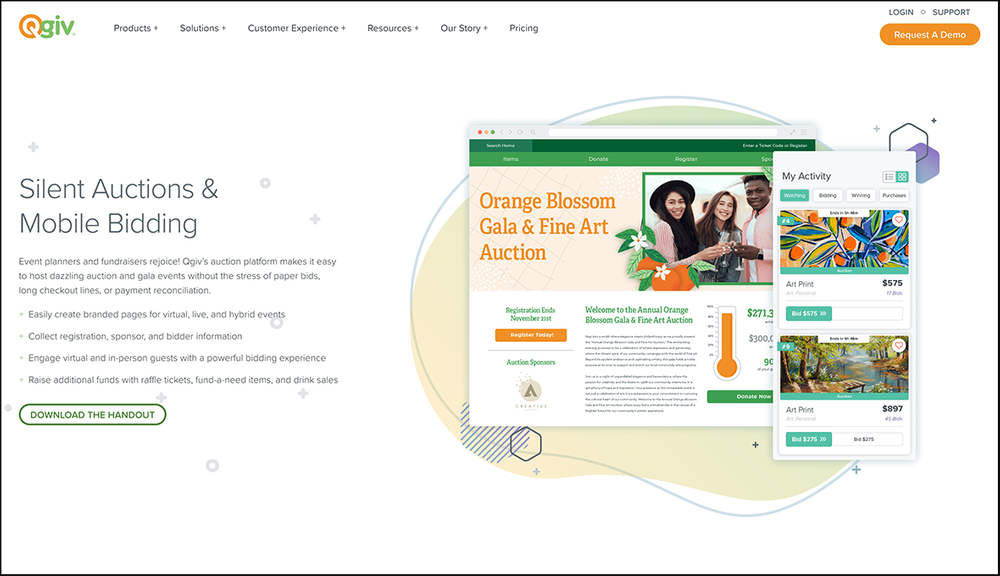 A screenshot of Qgiv's Silent Auctions & Mobile Bidding page.